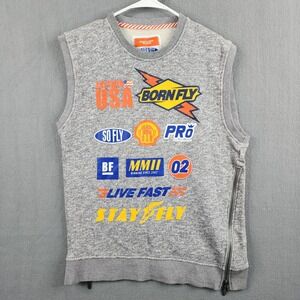 Born Fly Mens Gray Sleeveless Graphic Sweatshirt Vest M